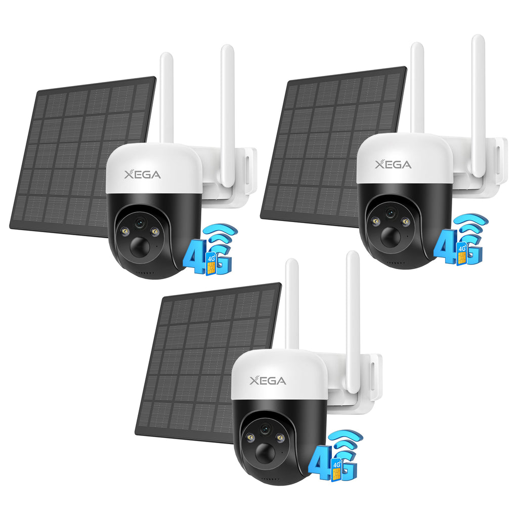 XEGA 4G LTE Camera Solaire avec Carte SIM, 3MP IP Caméra Surveillance Extérieure sans Fil à Batterie, PTZ Détection de Mouvement Personnalisée Projecteur