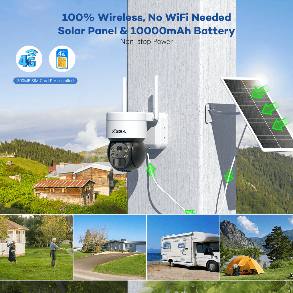 2K 3G/4G LTE 360° Surveillance Solaire Extérieure sans Fil PTZ Caméra, Capteur de Mouvement PIR - fr.xega 